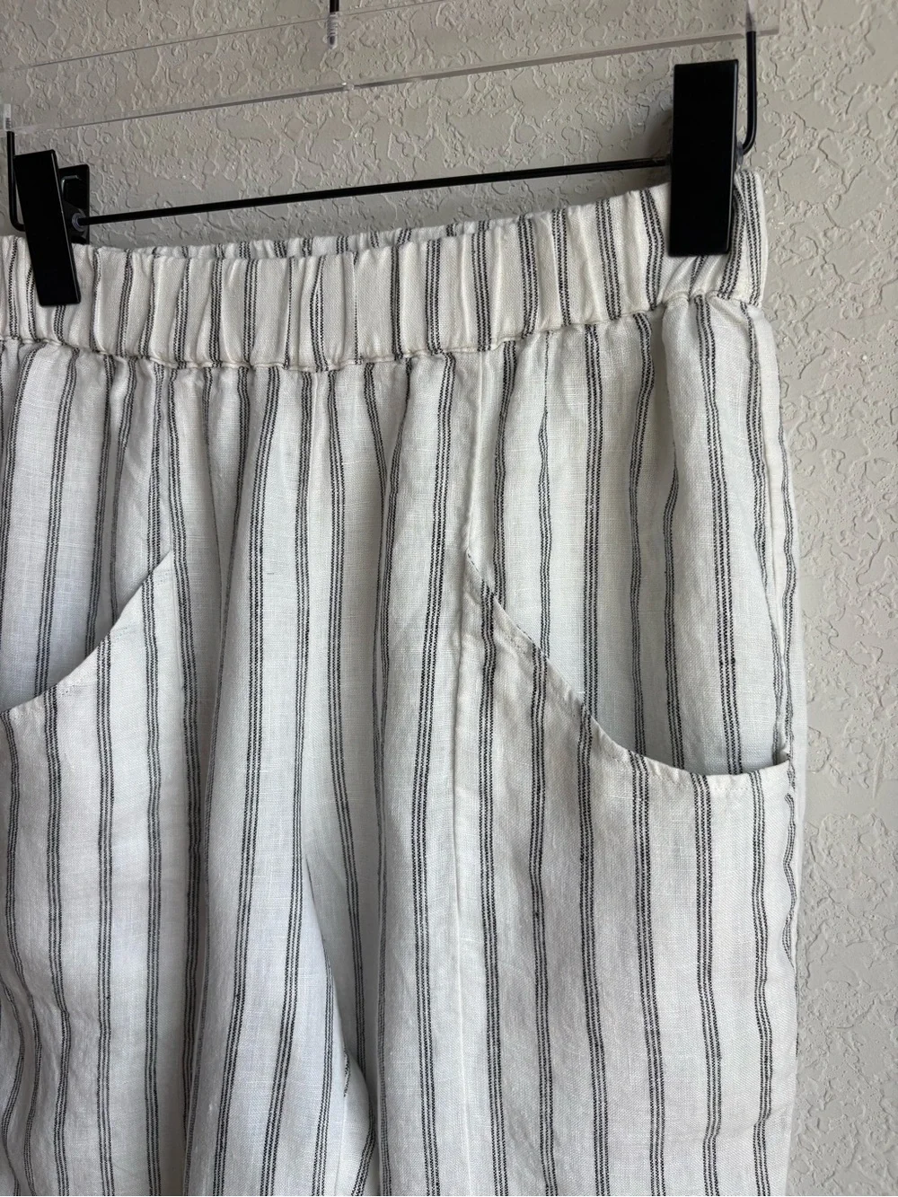 Quince 100% European Linen Stripe Pull-On Pants White Black XS Coastal